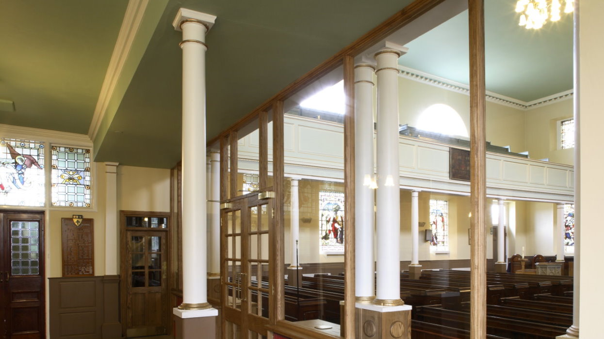 View of pillars and looking into the church